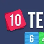 Tummaa taustaa vasten näkyy numero 10 punaisella laatalla, sana TEN valkoisella, ja alareunassa värikkäitä kortteja numeroilla 6, 4 ja 2