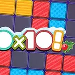 Koristeellinen 10x10-logo värikkäällä ruudukkotaustalla ja jouluteemaisilla koristeluilla