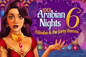 Nainen seisoo punaisessa mekossa käsi ojennettuna, taustalla violetti koristeltu ympyrä ja teksti 1001 Arabian Nights 6 Alibaba & the forty thieves