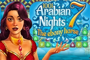 Tummahiuksinen hahmo punaisessa mekossa seisoo värikkään taustan edessä, jossa lukee 1001 Arabian Nights 7: The Ebony Horse