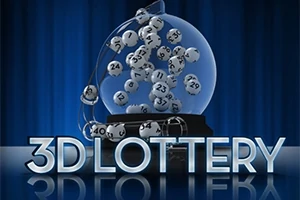 Läpinäkyvässä pyöreässä säiliössä pyöriviä numeroituja pallot, joiden alla lukee 3D Lottery