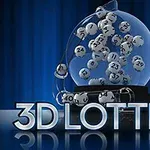 Läpinäkyvässä pyöreässä säiliössä pyöriviä numeroituja pallot, joiden alla lukee 3D Lottery