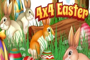 Pääsiäismunien ja ruskean puunrungon ympärillä seisoo neljä pupua vehreässä ruohikossa, taustalla värikkäitä pääsiäismunia ja teksti 4x4 Easter