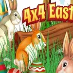Pääsiäismunien ja ruskean puunrungon ympärillä seisoo neljä pupua vehreässä ruohikossa, taustalla värikkäitä pääsiäismunia ja teksti 4x4 Easter