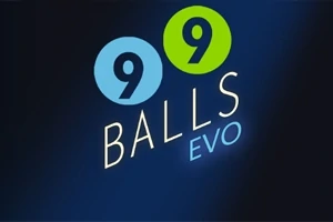 Sinisellä taustalla on teksti 9 BALLS EVO vihreiden ja sinisten ympyröiden kera