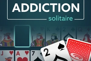 Korttipeli nimeltään Addiction Solitaire, jossa näkyy pelikortteja ja isokokoiset kortit 2 ja punainen kuvapuoli alaspäin oleva kortti etualalla