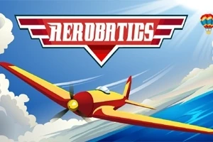 Punainen ja keltainen lentokone lentää pilvien yli sinisellä taivaalla, yläpuolella on teksti Aerobatics