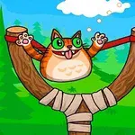Oranssi raidallinen kissa suuressa ritsassa metsämaisemassa