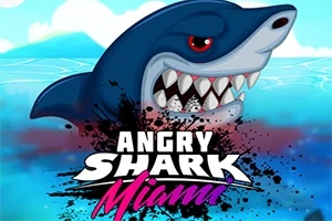 Hainpäinen hahmo avomerellä näyttäen terävät hampaansa, tekstillä Angry Shark Miami