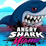 Hainpäinen hahmo avomerellä näyttäen terävät hampaansa, tekstillä Angry Shark Miami