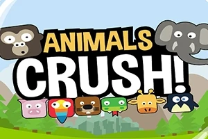Värikäs kuvitus, jossa on eri eläinten kasvokuvia, kuten apina, elefantti, sika, papukaija, karhu, käärme, kirahvi ja pingviini, sekä teksti Animals Crush keskellä