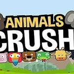 Värikäs kuvitus, jossa on eri eläinten kasvokuvia, kuten apina, elefantti, sika, papukaija, karhu, käärme, kirahvi ja pingviini, sekä teksti Animals Crush keskellä