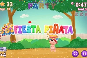 Värikäs piñata-teemainen näkymä, jossa on leikkisä hahmo, puita ja värikkäitä kirjaimia taustalla