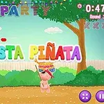 Värikäs piñata-teemainen näkymä, jossa on leikkisä hahmo, puita ja värikkäitä kirjaimia taustalla