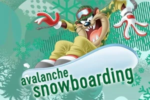 Sarjakuvahahmo lumilautailee vauhdikkaasti vihertävällä taustalla