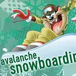Sarjakuvahahmo lumilautailee vauhdikkaasti vihertävällä taustalla