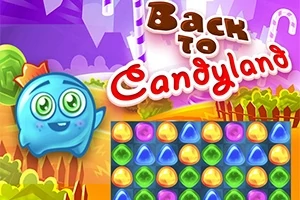 Sininen hahmo ja värikäs karkkiteema, jossa näkyy teksti Back to Candyland ja pelimäinen tausta