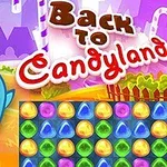 Sininen hahmo ja värikäs karkkiteema, jossa näkyy teksti Back to Candyland ja pelimäinen tausta