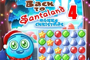 Jouluisen teeman taustalla on sininen hahmo, tekstillä Back to Santaland 4 Merry Christmas ja värikkäitä koristeita, kuten tähtiä ja joulukuusia