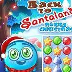 Jouluisen teeman taustalla on sininen hahmo, tekstillä Back to Santaland 4 Merry Christmas ja värikkäitä koristeita, kuten tähtiä ja joulukuusia