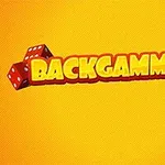Kuva, jossa on kirkkaan keltainen tausta, kaksi punaista noppaa ja sana BACKGAMMONIA värikkäin kirjaimin