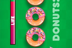 Kolme donitsia, joissa on pinkkiä kuorrutetta ja nonparelleja vihreällä taustalla, vasemmalla puolella punainen elämämittari ja oikealla teksti DONUTS!