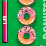 Kolme donitsia, joissa on pinkkiä kuorrutetta ja nonparelleja vihreällä taustalla, vasemmalla puolella punainen elämämittari ja oikealla teksti DONUTS!