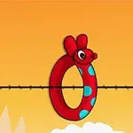 Punainen, pyöreä hahmo sinisin pilkuin ja hiiren korvin roikkuu viivalla, taustalla oranssi taivas ja pilviä