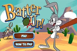 Piirroshahmo pitelee pesäpallomailaa erämaa-taustalla, ja toinen hahmo heittää kranaatin; etualalla on kaksi nappulaa, joissa lukee Play ja How to Play