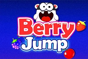 Värikäs teksti Berry Jump sinisellä taustalla, jota ympäröivät marjakuvakkeet