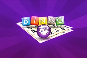 Kirjavia BINGO-kirjaimia ja numeroituja ruutuja sisältävä kortti, joiden päällä on lila pallo numero 75, violetilla taustalla
