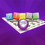 Kirjavia BINGO-kirjaimia ja numeroituja ruutuja sisältävä kortti, joiden päällä on lila pallo numero 75, violetilla taustalla