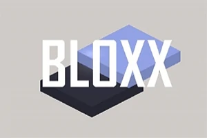 BLOXX-teksti on vaalean ja tumman sinisen suorakulmion päällä harmaalla taustalla