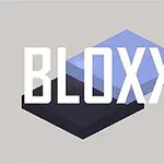 BLOXX-teksti on vaalean ja tumman sinisen suorakulmion päällä harmaalla taustalla