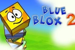 Keltainen, hymyilevä kuutio on pinottu muiden värillisten kuutioiden päälle vihreällä ja sinisellä taustalla, oikealla lukee Blue Blox 2