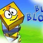Keltainen, hymyilevä kuutio on pinottu muiden värillisten kuutioiden päälle vihreällä ja sinisellä taustalla, oikealla lukee Blue Blox 2