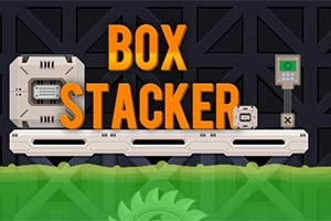 Oranssi teksti Box Stacker tummalla taustalla, jossa etualalla on kuljetushihna, laatikoita ja ohjauspaneeli