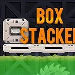 Oranssi teksti Box Stacker tummalla taustalla, jossa etualalla on kuljetushihna, laatikoita ja ohjauspaneeli