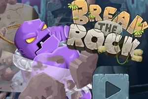 Violetti hirviö murtamassa kalliota taustalla näkyvän Break the Rock -tekstin kanssa