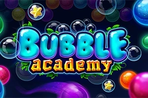 Värikäs kupla-aiheinen kuva, jossa on teksti Bubble Academy keskellä