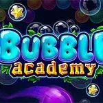 Värikäs kupla-aiheinen kuva, jossa on teksti Bubble Academy keskellä