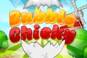 Värikkäästi kirjaillut sanat Bubble Chicky rikotun munankuoren edessä maalaismaisemassa, jossa on tuulimylly ja puita