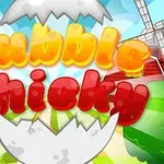 Värikkäästi kirjaillut sanat Bubble Chicky rikotun munankuoren edessä maalaismaisemassa, jossa on tuulimylly ja puita