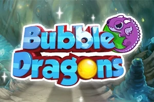 Värikäs teksti Bubble Dragons taustalla vihreä metsä ja violetti lohikäärme