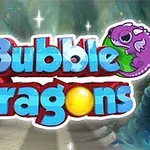 Värikäs teksti Bubble Dragons taustalla vihreä metsä ja violetti lohikäärme