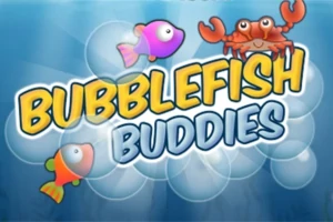 Kaksi värikästä kalaa ja oranssi rapu kuplien keskellä, joiden päällä on teksti BUBBLEFISH BUDDIES