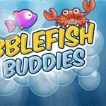 Kaksi värikästä kalaa ja oranssi rapu kuplien keskellä, joiden päällä on teksti BUBBLEFISH BUDDIES