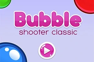 Violetilla taustalla on vaaleanpunainen teksti Bubble shooter classic ja pinkki soittopainike, ympärillä värikkäitä kuplia