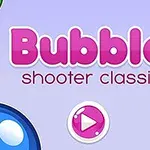 Violetilla taustalla on vaaleanpunainen teksti Bubble shooter classic ja pinkki soittopainike, ympärillä värikkäitä kuplia