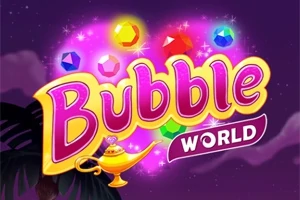 Violetti tausta, jossa lukee Bubble World suurilla, värikkäillä kirjaimilla ja yläpuolella leijuu erilaisia kimaltelevia jalokiviä lampun vieressä